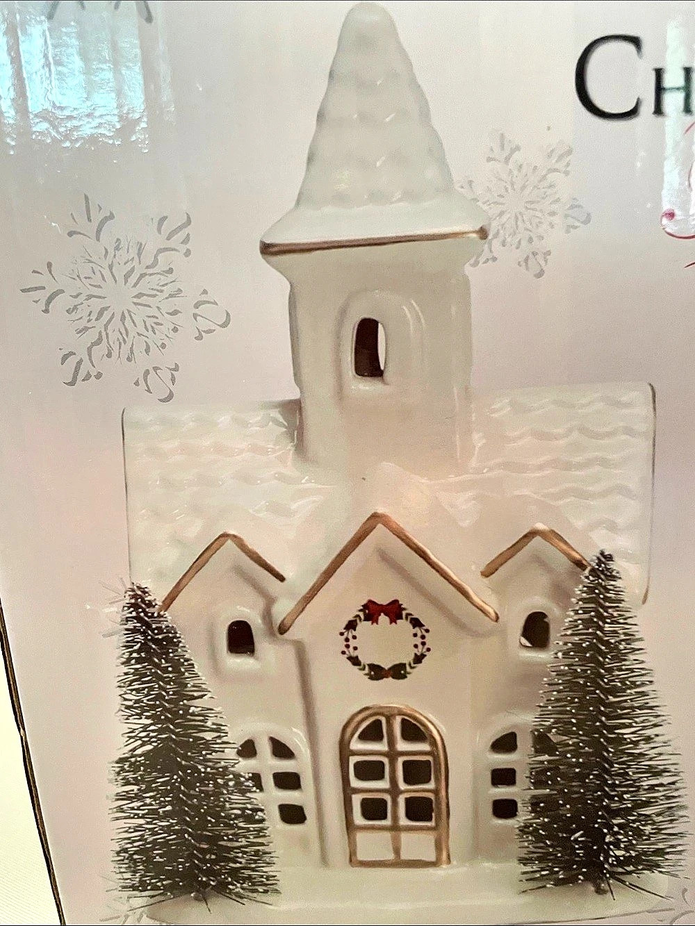 Christmas is Forever Lighted Ceramic Ivory & Gold Christmas Village Church NWT